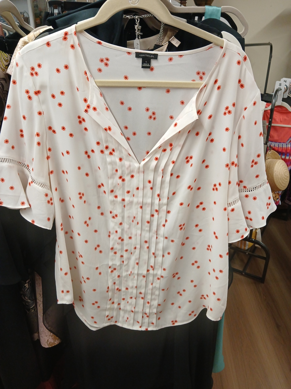 Ann Taylor White Blouse with Orange Floral Pintuck V-Neck